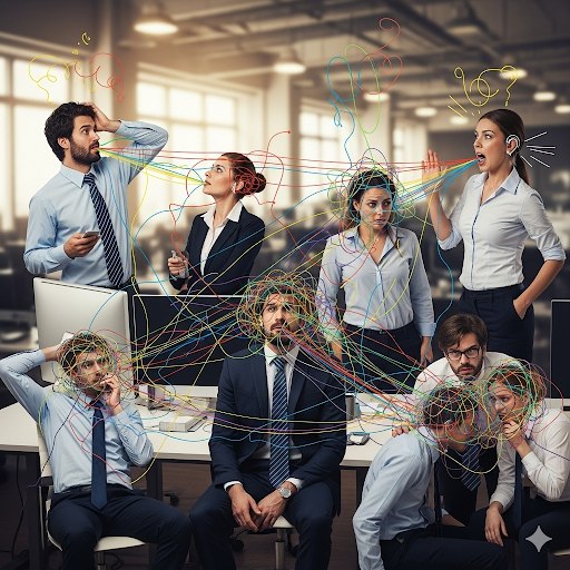 Medewerkers op kantoor die verstrikt raken in een wirwar van communicatielijnen.
